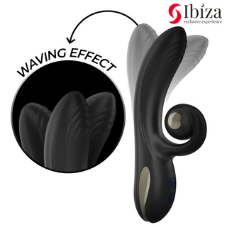 Svart kroppssäker silikonvibrator med två motorer och vågeffekt, synliga knappar och märkning, Ibiza Twister Vibrator Rotation - Ibiza exklusiv upplevelse.