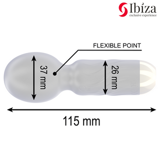 Ibiza Pocket Wand Vibrator är en transparent massageapparat med märkta dimensioner: 115 mm längd, 37 mm huvudbredd, 26 mm basbredd, och har en flexibel spets.