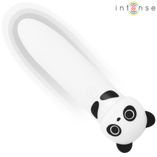Ett vitt och svart pandaformat INTENSE POH Panda Bullet-bokmärke tillverkat av medicinsk silikon, med ordet "intense" i det övre högra hörnet.