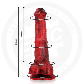 Epic Dildo Vulcanus Night Dragon: röd och svart texturerad cybersilikon, 195mm lång, bredd 31-72mm, har en robust sugkopp för handsfree kul.
