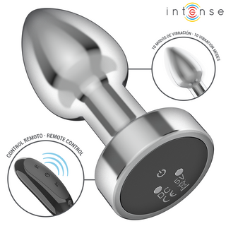 Intense Vibrerande Analplugg S är en silverfärgad analplugg med fjärrkontroll som erbjuder 10 intensiva vibrationslägen och tydlig produktbranding.