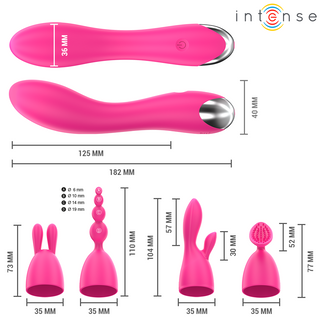 Rosa silikonvibrator med klitorisstimulator, fyra utbytbara huvuden och detaljerad storleksinformation som visas.