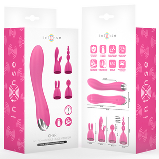 Lila silikon Intense Cher Vibrator med klitorisstimulator och utbytbara huvuden, visas i sin märkesförpackning.