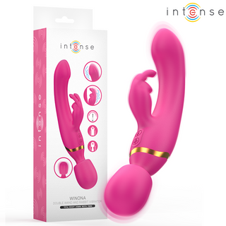 Rosa 2-i-1 kanin- och stavvibrator i silikon med böjd design, visas bredvid sin Intense Winona-produktförpackning.