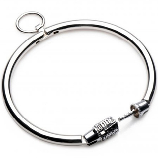 Silverfärgat halsband i metall med ett kombinationslås.