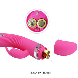 Pretty Love Flirtation Rabbit är demonterad för att visa var två AAA-batterier är isatta, redo att leverera riktad G-punktsstimulering.
