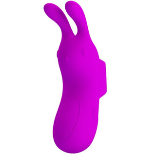 Lila fingervibrator i kaninstil av silikon med en rund knapp.