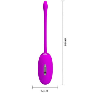 Pretty Love Shock Fun Vibratorägg är en rosa, oval enhet med ett elegant handtag, liten utskärning och elektroshock-lägen för extra spänning. Den är 32 mm bred och 106 mm lång och påminner om en pryl för personlig vård mot en vit bakgrund.