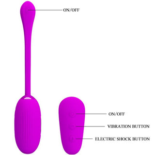 Pretty Love Shock Fun Vibratorägg är en elegant, lila fjärrstyrd massageapparat med ett långt handtag och tre knappar: On/Off, Vibration och Elektroshock-Lägen för en elektrifierande upplevelse.