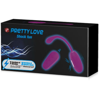 Upptäck Pretty Love Shock Fun Vibratorägg, med en unik böjd förlängning, en kontroller med 7 vibrationslägen och 3 elektrochocknivåer. Den är tillverkad av silikon och är helt vattentät för äventyrlig användning överallt, allt förpackat i en snygg låda.