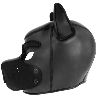 Darkness Neoprene Hundmask, i svart konstläder, inkluderar spetsiga öron, ögonutskärningar och en strukturerad nosparti med en slät finish, designad för att bäras över huvudet.