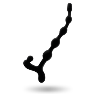 Addicted Toys Anal Balls 22 cm, tillverkade av slät svart silikon och med ett böjt handtag, visas på en vit bakgrund med en subtil skugga nedanför.