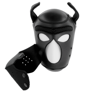 Neopren Dog Mask i svart har spetsiga öron och en avtagbar nos, tillsammans med en justerbar krage, perfekt för rollspel.