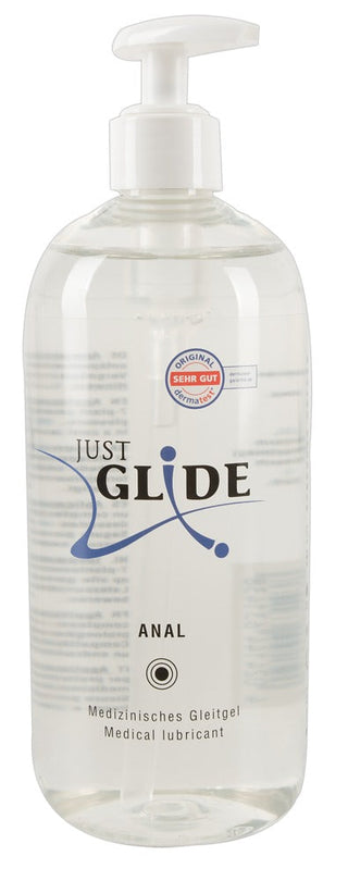 Just Glide Anal Glidmedel kommer i en genomskinlig flaska med pump, som erbjuder bekväm och smidig applicering för alla dina behov.