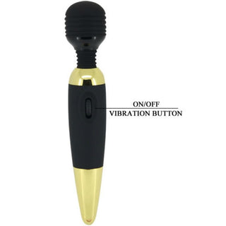 The Pretty Love - Stark Wand 25 cm är en snygg massageapparat i svart och guld med ett räfflat, flexibelt huvud och en lättanvänd på/av vibrationsknapp på handtaget.