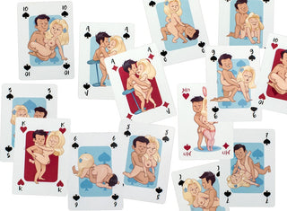 Upptäck Kama Sutra med "Kortspel - Kama Sutra", ett lekfullt kortspel med tecknade illustrationer av par i olika intima positioner.