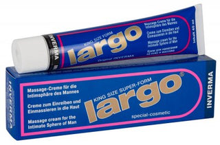 En blå och vit låda med en matchande tub märkt "Större penis Largo Cream 40 ml" främjar dess venförstärkande egenskaper på flera språk.