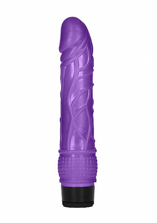 8-tums Realistisk Dildo, med en lila texturerad design med en svart bas och stiliserad fallisk form, är inställd mot en vanlig vit bakgrund.