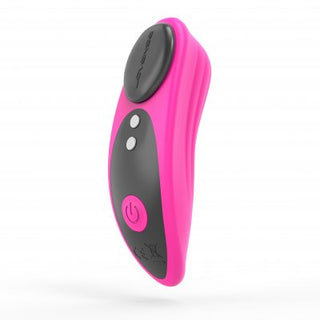 Lovense Ferri är en rosa och svart böjd fjärrkontroll med knappar, en strömsymbol och sömlös anslutning via appstyrning.