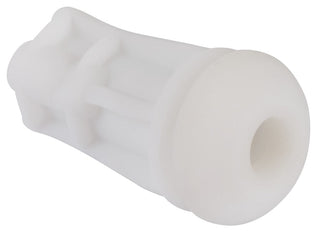En diskret vit cylindrisk plastkomponent med ett ihåligt centrum och räfflad design, liknande Masturbator - Sugande Effekt - Rebel.