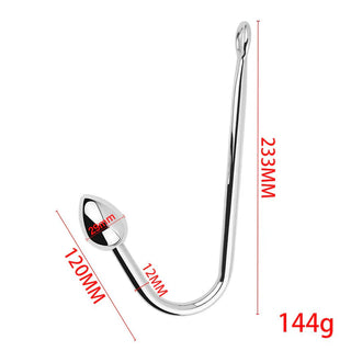 Metallisk analkrok med utbytbara kulor, 233mm lång med 120mm sidarm, 12mm diameter, i silverfärgat stål.