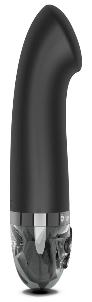 Mystim G-punktvibrator E-Stim är en svart, böjd personlig massageapparat med en transparent strukturerad bas och kontrollknappar, som ger 8 vibrationslägen för personliga sensationer.