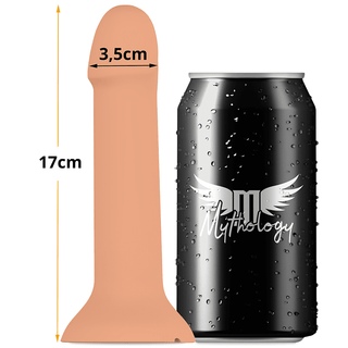 Sprutdildo Mythology Flipper, tillverkad av kroppssäkert silikonmaterial, visas bredvid en svart burk med Mythology-logotypen. Den har en realistisk design med exakta mått på 17 cm i höjd och 3,5 cm i bredd.