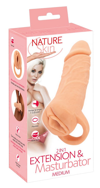 Möt 2in1 Extension + Masturbator, skapad med premium Nature Skin-material för en verklighetstrogen känsla. Detta medelstora set innehåller produkt- och modellbilder, perfekt för effektiv penisförlängning.