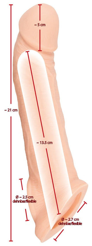 Detta diagram visar en Penisförlängare - Nature Skin - Penis Sleeve, med detaljer om dess mått i centimeter och indikatorer på flexibilitet.