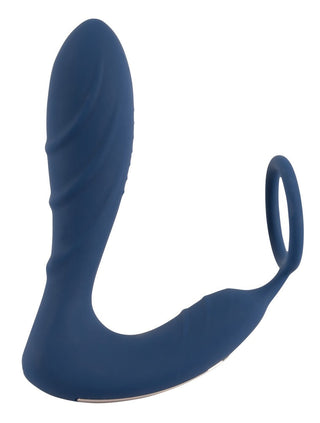Prostata Vibrator Med Penisring har en slät, mörkblå ergonomisk design med en böjd form och ringhandtag i ena änden, vilket ger ökad njutning genom sin integrerade prostatavibrator.