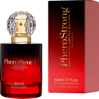 Röd och guldfärgad flaska med PheroStrong Limited Edition-parfym för kvinnor bredvid den matchande röd och guldfärgade 50 ml-boxen.