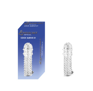 LS37 Knottrig Penissleeve, en klar texturerad penissleeve, visas bredvid en blå Lovesecret Sensual Cock Sleeve 01 låda på en vit bakgrund. Denna återanvändbara sleeve erbjuder förbättrad känsla.