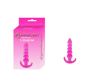 En rosa silikon buttplug med pärlor och en unik design visas bredvid förpackningen märkt T-Plug 04 Buttplug 12 cm.