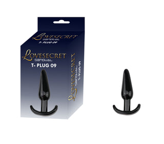 En svart T-Plug 09 Buttplug 12 cm tillverkad av mjukt TPE-material, presenterad i sin blå Lovesecret Sensual-förpackningslåda.