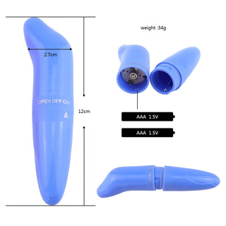 Lovesecret LS44 Mini Vibe är en blå, batteridriven vibrator som är 12 cm lång och har en resevänlig design. Den visas öppen och stängd och använder två AAA-batterier för diskret njutning vart du än går.