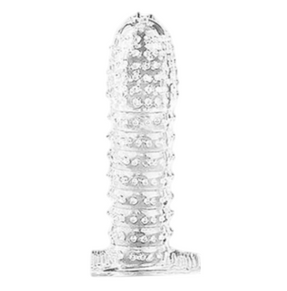 LS38 Ribbed Penissleeve är en silverfärgad, strukturerad, kulformad hylsa med platt bas, mot en vit bakgrund.