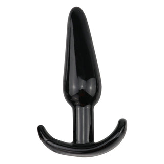 T-Plug 09 Buttplug 12 cm, tillverkad av svart TPE-material med en utsvängd bas, visas mot en vit bakgrund.