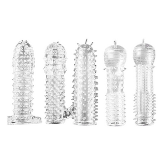 Fem LS41 Ribbed Penissleeves av transparent silikon, var och en med strukturerade mönster och unika former, står upprätt i en rad - en återanvändbar sexleksak för mångsidiga sensationer.