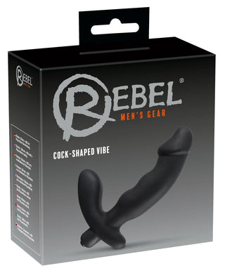 Box of Rebel Men's Gear märkt Prostatavibrator 15 cm Rebel, med en bild av en krökt svart enhet designad för vibrerande stimulans, som erbjuder intensiv njutning med sin innovativa form.