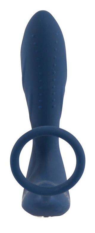Prostata Vibrator Med Penisring - Fjärrkontroll är en blå silikonanordning med en böjd form, en cirkulär ring i basen och små upphöjda prickar längs ytan, designad för att fungera som en prostatavibrator.