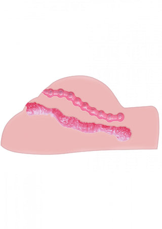 Illustration av en stiliserad, långsträckt rosa bakterie som ekar de eleganta kurvorna i Realistisk Vagina - Fat Ass Fucker mot en beige bakgrund.