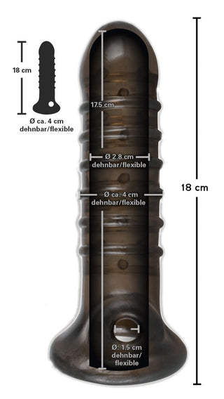 Rebel Dick & Ball Penis Sleeve är en transparent, räfflad cylinder som inkluderar storleks- och flexibilitetsmarkeringar.
