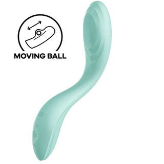 Den mintgröna, böjda Satisfyer Rrrolling Pleasure Vibratorn, som visas i en reklambild, har en innovativ funktion för rörliga bollar. Förbättra din upplevelse med vattenbaserat glidmedel för ultimat tillfredsställelse.