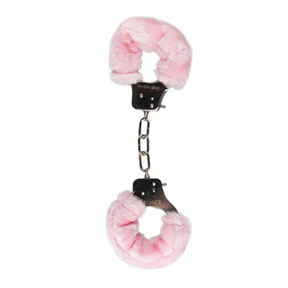Easytoys Metall Handbojor är metallhandbojor med mjukt rosa mjukt fluff och en sammankopplande kort kedja, visad mot en vit bakgrund.