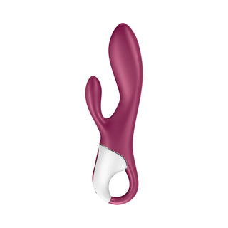 Rödbrun och vit silikonvibrator med dubbla motorer, böjd design och ergonomiskt handtag.