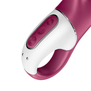 Satisfyer Heated Affair vibrator, rosa silikon, böjt ergonomiskt handtag, synliga kontrollknappar.