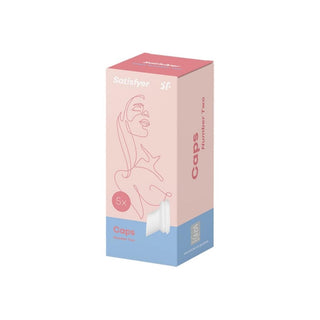 Munstycke 5-Pack Satisfyer kommer i en rosa och blå låda med en abstrakt linjeteckning av en kvinnas ansikte, designad för att förbättra din lufttrycksvibratorerupplevelse.