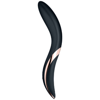 En snygg Satisfyer Rrrolling Pleasure Svart personlig massageapparat i svart och guld mot en vit bakgrund.