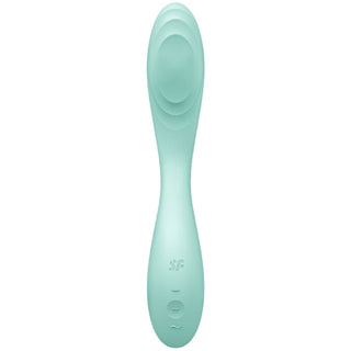 Satisfyer Rrrolling Pleasure Vibrator är en mintgrön, böjd personlig massageapparat med en mjuk struktur och enkla kontroller på handtaget, idealisk för G-punkt stimulans.