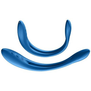 Satisfyer Elastic Joy blå har två svängda blå silikonenheter med knappkontroller, som visas från olika vinklar och lovar oöverträffad njutning.